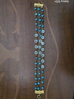 VINTAGE RETRO 1950s BEAD NEWBORN BABY BRACELET HOSPITAL ID CHARM GOLD AQUA